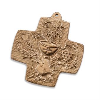 bronze cross 
"Brot, Wein, Kelch" "Bread, Wine, Chalice" 